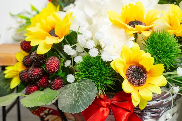 Multicolored Fake Fabric Flowers Arrangement Close Texture — Stockfoto