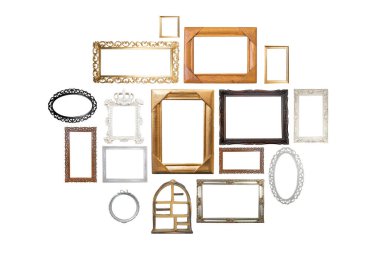 Multiple empty frames with different colors and textures, isolated on white background