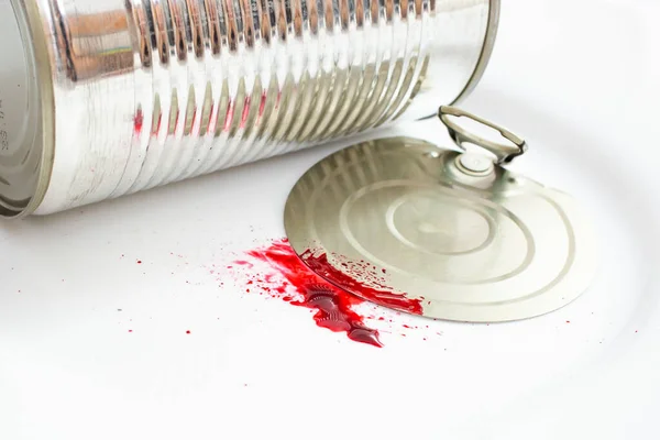 Aluminum Tin Can Blood Splatter White Background Domestic Injury Concept — Foto Stock