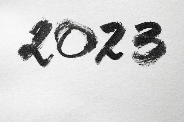 2023 Número Escrito Com Tinta Preta Papel Branco Close Textura — Fotografia de Stock