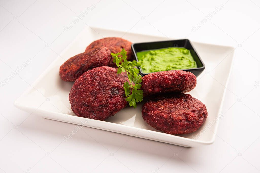 Beet Root Patties or cutlet or tikki served with green chutney