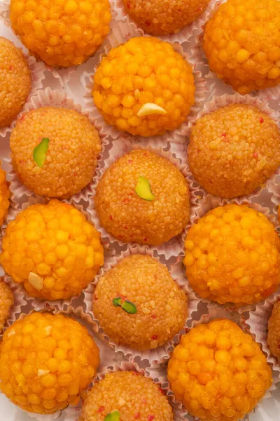 Ινδικό Γλυκό Motichoor Laddoo Bundi Laddu Από Αλεύρι Gram Πολύ — Φωτογραφία Αρχείου