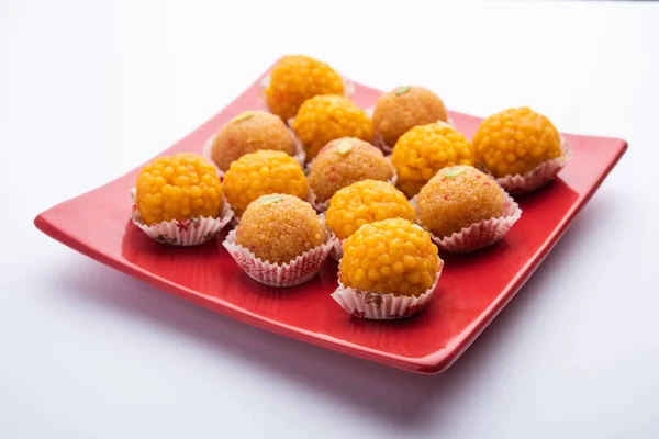 Indian Sweet Moticho Laddoo Bundi Laddu Made Gram Flour Very — Stock Photo, Image