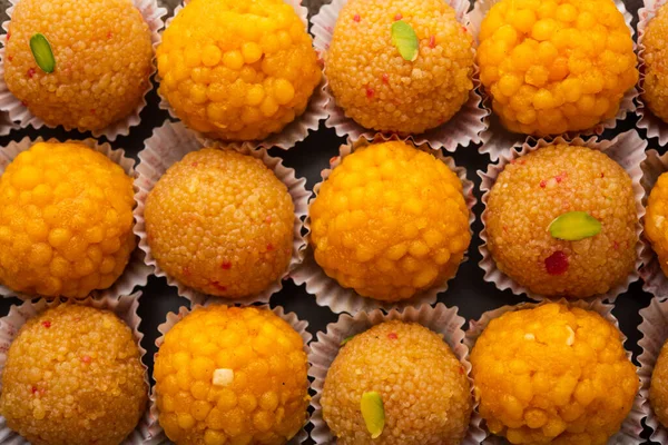 Indické Sladké Moticho Nebo Laddoo Nebo Bundi Laddu Gramové Mouky — Stock fotografie