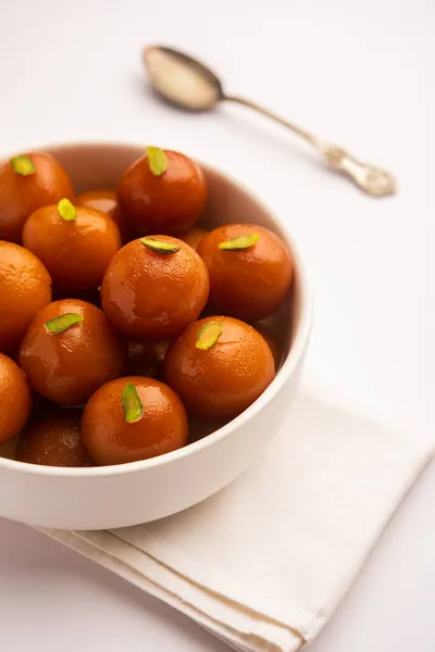 Indiano Dolce Cibo Gulab Jamun Servito Una Ciotola Rotonda Ceramica — Foto Stock