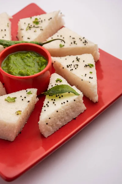 Khaman Dhokla Blanco Compuesto Arroz Urad Dal Desayuno Popular Receta — Foto de Stock