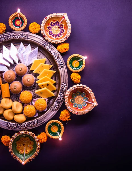 Happy Diwali Flower Rangoli Sweets Mithai Diya Bowls Diwali Any — Stock Photo, Image