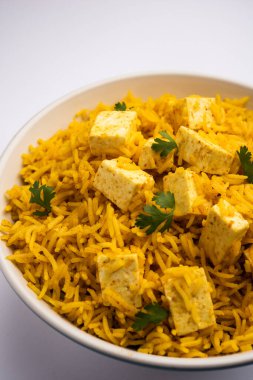 Sağlıklı Paneer Pulav OR Pilaf Basmati Rice 'ı bir kase veya tabakta servis ederek Hint yemeği