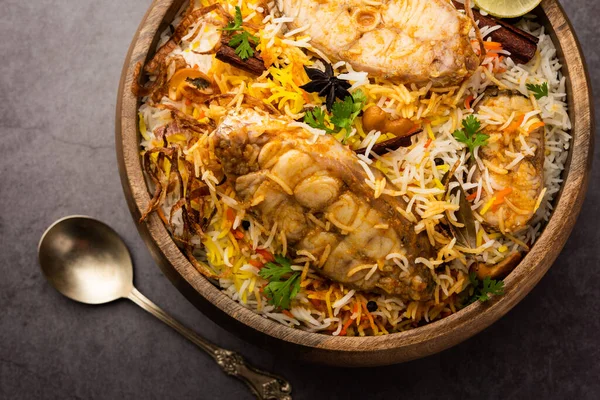 Authentic Fish Biryani Servido Uma Placa Branca Handi — Fotografia de Stock