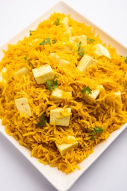 Sağlıklı Paneer Pulav OR Pilaf Basmati Rice 'ı bir kase veya tabakta servis ederek Hint yemeği