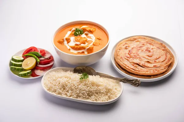 Savoureux Plat Curry Poulet Beurre Cuisine Indienne Servi Avec Riz — Photo