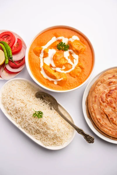 Savoureux Plat Curry Poulet Beurre Cuisine Indienne Servi Avec Riz — Photo