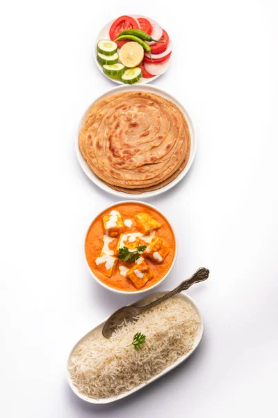 Paneer Butter Masala Cheese Cottage Curry Servito Con Riso Laccha — Foto Stock
