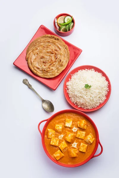 Paneer Butter Masala Lub Cheese Cottage Curry Serwowane Ryżem Laccha — Zdjęcie stockowe