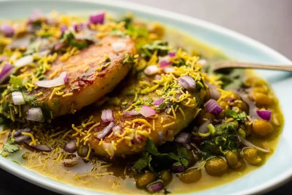 Ragda pattice is a dish of mashed potato patties and pea sauce, and is part of the street food culture in the Indian state of Maharashtra