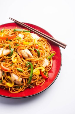 Tavuk Hakka eriştesi ya da Schezwan ya da Szechwan eriştesi yemek çubuklarıyla servis edilir. seçici odak