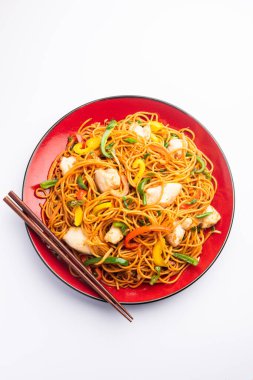 Tavuk Hakka eriştesi ya da Schezwan ya da Szechwan eriştesi yemek çubuklarıyla servis edilir. seçici odak