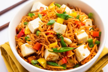 Schezwan paneer kızarmış pilav Szechuan sos ve peynir küpleri ile. bir kase ya da plaka veya tava servis. seçici odak