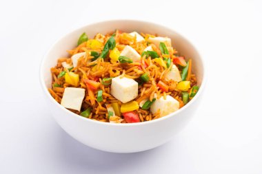 Schezwan paneer kızarmış pilav Szechuan sos ve peynir küpleri ile. bir kase ya da plaka veya tava servis. seçici odak