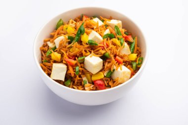 Schezwan paneer kızarmış pilav Szechuan sos ve peynir küpleri ile. bir kase ya da plaka veya tava servis. seçici odak