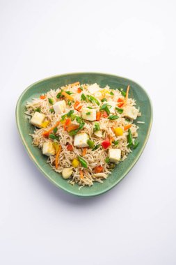 Schezwan paneer kızarmış pilav Szechuan sos ve peynir küpleri ile. bir kase ya da plaka veya tava servis. seçici odak