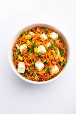 Schezwan paneer kızarmış pilav Szechuan sos ve peynir küpleri ile. bir kase ya da plaka veya tava servis. seçici odak