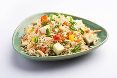 Schezwan paneer kızarmış pilav Szechuan sos ve peynir küpleri ile. bir kase ya da plaka veya tava servis. seçici odak