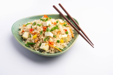 Schezwan paneer kızarmış pilav Szechuan sos ve peynir küpleri ile. bir kase ya da plaka veya tava servis. seçici odak