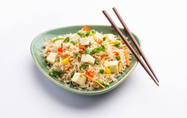 Schezwan paneer kızarmış pilav Szechuan sos ve peynir küpleri ile. bir kase ya da plaka veya tava servis. seçici odak