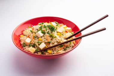 Schezwan paneer kızarmış pilav Szechuan sos ve peynir küpleri ile. bir kase ya da plaka veya tava servis. seçici odak