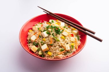 Schezwan paneer kızarmış pilav Szechuan sos ve peynir küpleri ile. bir kase ya da plaka veya tava servis. seçici odak