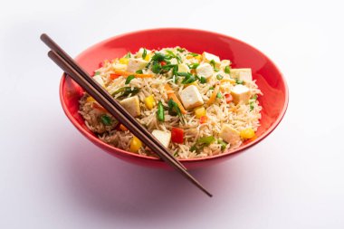 Schezwan paneer kızarmış pilav Szechuan sos ve peynir küpleri ile. bir kase ya da plaka veya tava servis. seçici odak