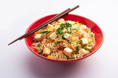 Schezwan paneer kızarmış pilav Szechuan sos ve peynir küpleri ile. bir kase ya da plaka veya tava servis. seçici odak