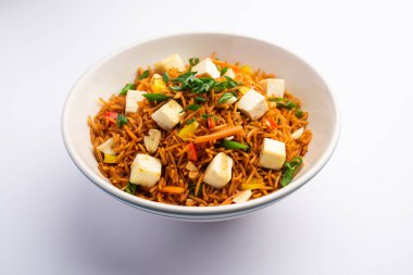 Schezwan paneer kızarmış pilav Szechuan sos ve peynir küpleri ile. bir kase ya da plaka veya tava servis. seçici odak