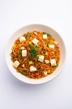 Schezwan paneer kızarmış pilav Szechuan sos ve peynir küpleri ile. bir kase ya da plaka veya tava servis. seçici odak
