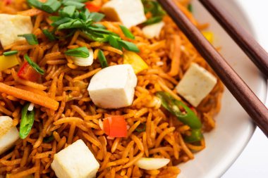 Schezwan paneer kızarmış pilav Szechuan sos ve peynir küpleri ile. bir kase ya da plaka veya tava servis. seçici odak