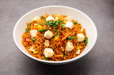 Schezwan paneer kızarmış pilav Szechuan sos ve peynir küpleri ile. bir kase ya da plaka veya tava servis. seçici odak