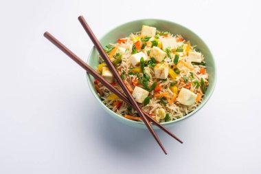 Schezwan paneer kızarmış pilav Szechuan sos ve peynir küpleri ile. bir kase ya da plaka veya tava servis. seçici odak