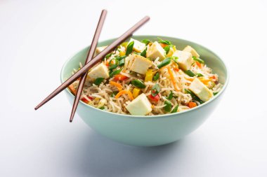 Schezwan paneer kızarmış pilav Szechuan sos ve peynir küpleri ile. bir kase ya da plaka veya tava servis. seçici odak