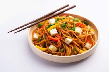 Schezwan veya Szechwan hakka erişteli paneer veya süzme peynir. Bir kasede servis edildi. seçici odak