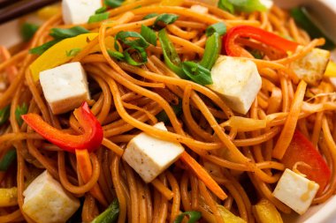 Schezwan veya Szechwan hakka erişteli paneer veya süzme peynir. Bir kasede servis edildi. seçici odak