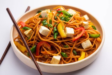 Schezwan veya Szechwan hakka erişteli paneer veya süzme peynir. Bir kasede servis edildi. seçici odak