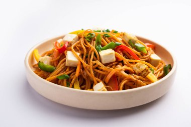 Schezwan veya Szechwan hakka erişteli paneer veya süzme peynir. Bir kasede servis edildi. seçici odak