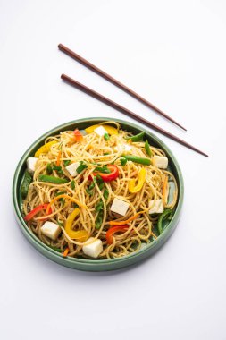 Schezwan veya Szechwan hakka erişteli paneer veya süzme peynir. Bir kasede servis edildi. seçici odak