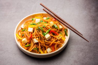 Schezwan veya Szechwan hakka erişteli paneer veya süzme peynir. Bir kasede servis edildi. seçici odak