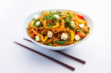 Schezwan veya Szechwan hakka erişteli paneer veya süzme peynir. Bir kasede servis edildi. seçici odak