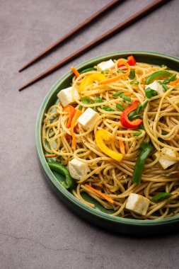 Schezwan veya Szechwan hakka erişteli paneer veya süzme peynir. Bir kasede servis edildi. seçici odak