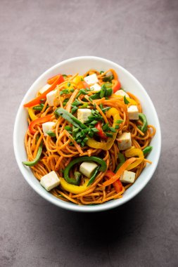 Schezwan veya Szechwan hakka erişteli paneer veya süzme peynir. Bir kasede servis edildi. seçici odak