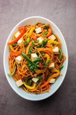 Schezwan veya Szechwan hakka erişteli paneer veya süzme peynir. Bir kasede servis edildi. seçici odak