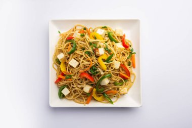 Schezwan veya Szechwan hakka erişteli paneer veya süzme peynir. Bir kasede servis edildi. seçici odak